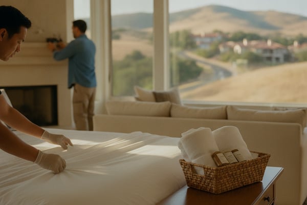 Bedroom with large windows overlooking rolling hills and distant village, person making bed with white linens, wicker basket of towels on nightstand