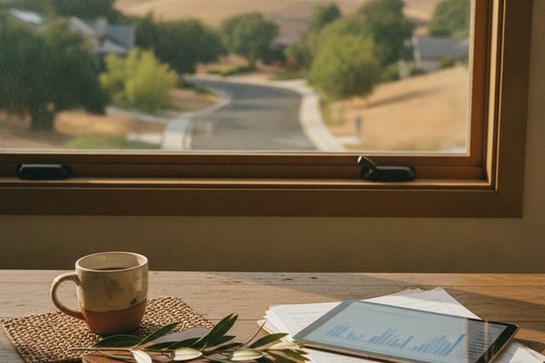 Wooden desk with coffee mug, tablet, and notebook overlooking rolling hills and farmland through window