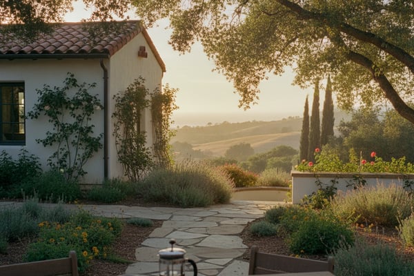 Tuscan villa courtyard with coffee and pastries on wooden table, rolling hills and cypress trees in background