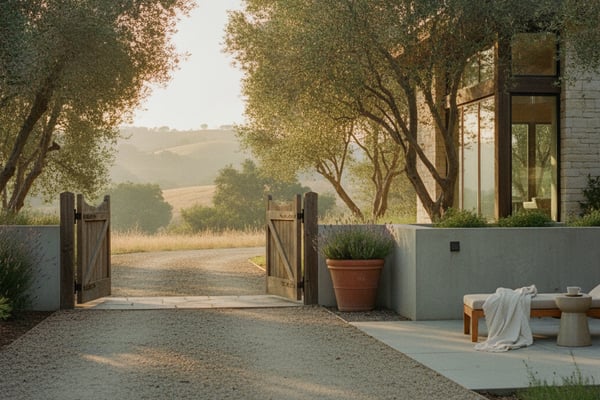 Modern house with gravel driveway, wooden gate, and patio overlooking rolling hills lined with olive trees